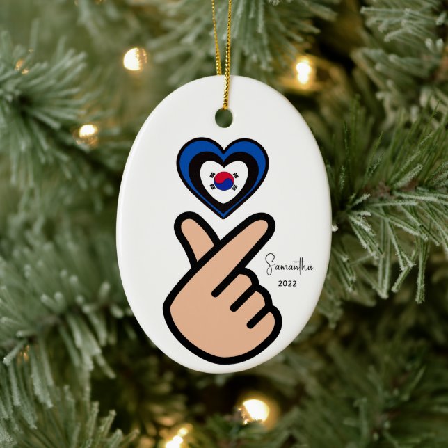 Korean Finger Heart 사랑해요  Ceramic Ornament (Tree)