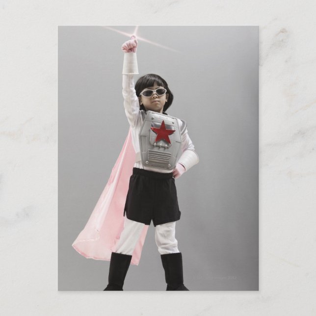Korean girl in superhero costume with arm raised postcard (Front)