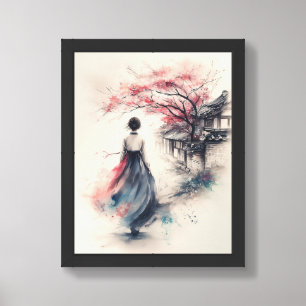 Korean Ink Wash - Girl in Hanbok & Cherry Blossoms Framed Art