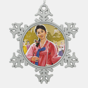 Korean Ladies Wearing Hanbok Snowflake Pewter Christmas Ornament