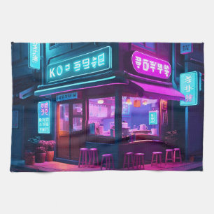 Korean Neon Coffee House LoFi Art  Kitchen Towel