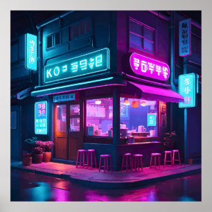 Korean Neon Coffee House LoFi Art Poster