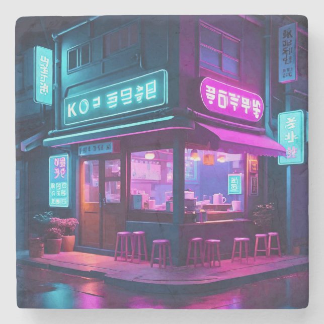 Korean Neon Coffee House LoFi Art  Stone Coaster (Front)