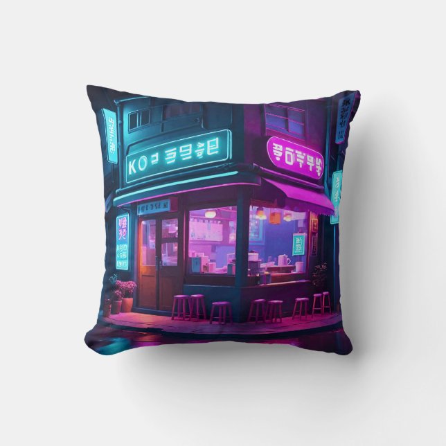 Korean Neon Coffee House LoFi Art  Throw Pillow (Front)