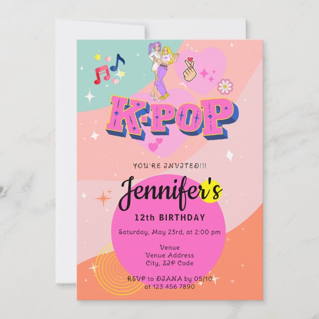 Korean Pop Music Star K-Pop Theme Birthday Party Invitation (Front)