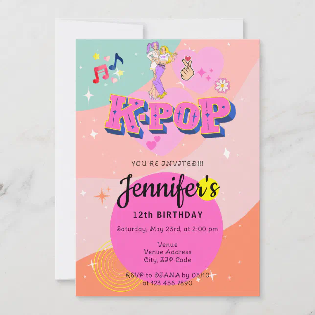 K-POP タレントカード Invitation Korean Pop Music Star K-Pop Theme Birthday Party Invitation | Zazzle