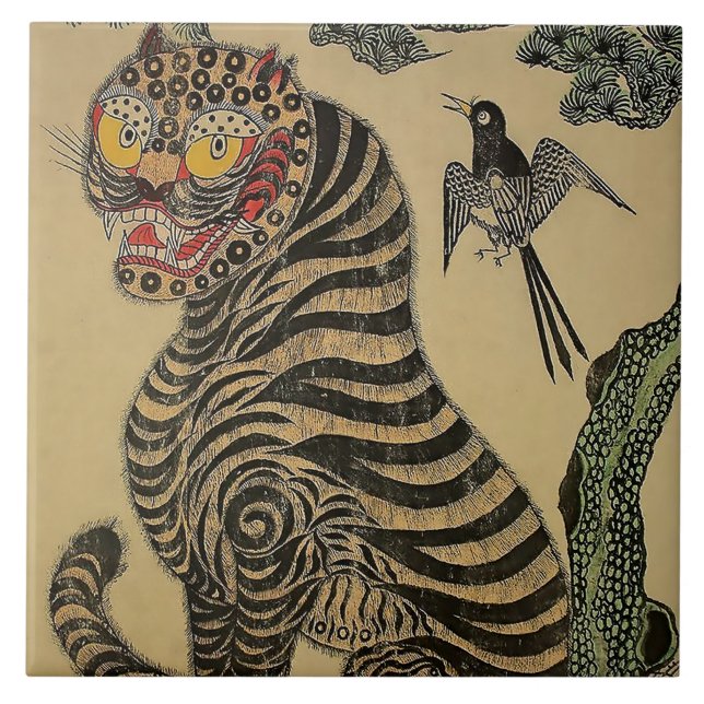 Korean Striped Tiger Minhwa Ceramic Tile (Front)