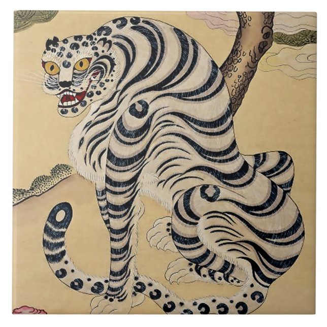 Korean Striped Tiger Minhwa Ceramic Tile (Front)