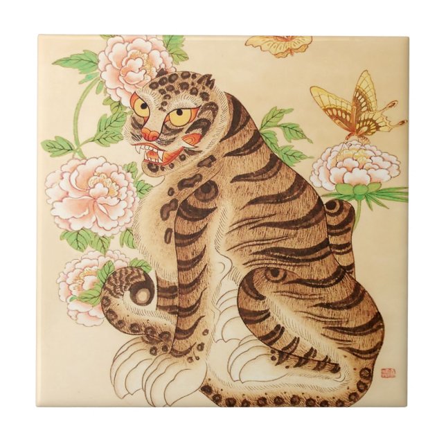 Korean Striped Tiger Vintage Minhwa  Ceramic Tile (Front)