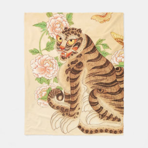 Korean Striped Tiger Vintage Minhwa  Fleece Blanket
