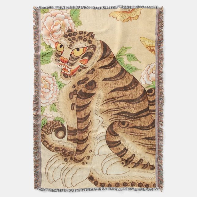 Korean Striped Tiger Vintage Minhwa  Throw Blanket (Front Vertical)