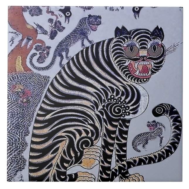 Korean Tiger Minhwa with Three Cubs Ceramic Tile (Front)