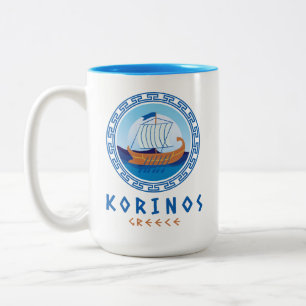 Korinos, Greece Greek Ship Design Two-Tone Coffee Mug