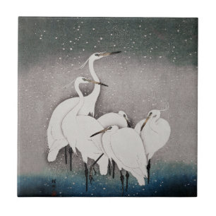 Koson Egrets in the Snow: Vintage Japanese Ceramic Tile