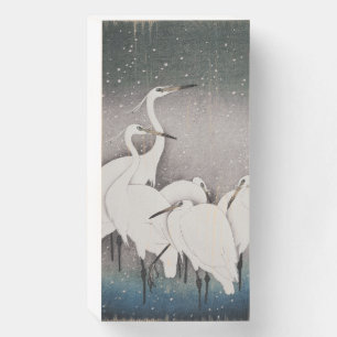 Koson Egrets in the Snow: Vintage Japanese Wooden Box Sign