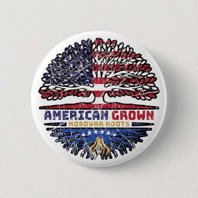 Kosovo Kosovar American USA Tree Roots Flag Button (Front)