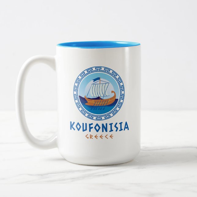 Koufonisia, Greece Greek Ship Design Two-Tone Coffee Mug (Left)