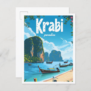 Krabi Thailand Vintage Art Travel Illustration Postcard