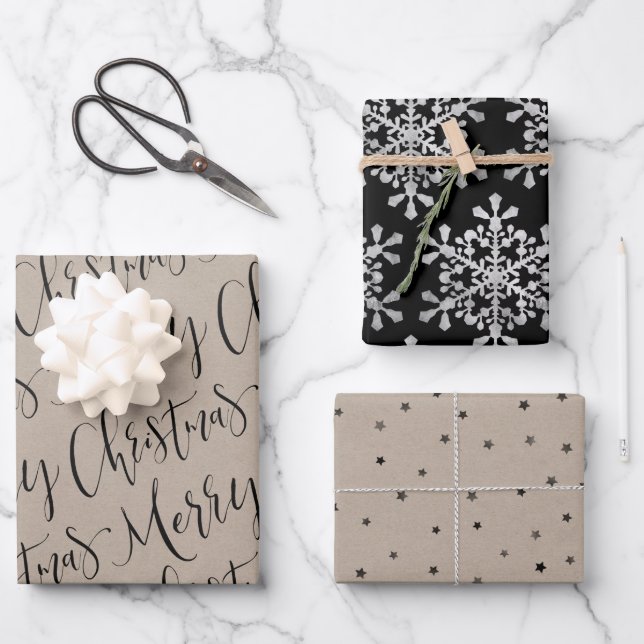 Kraft And Black Merry Christmas Snowflakes Stars Wrapping Paper Sheets (Front)