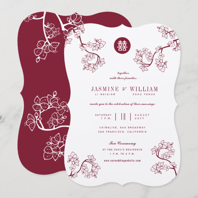 Kraft And Red Plum Blossoms Modern Asian Wedding Invitation (Front/Back)