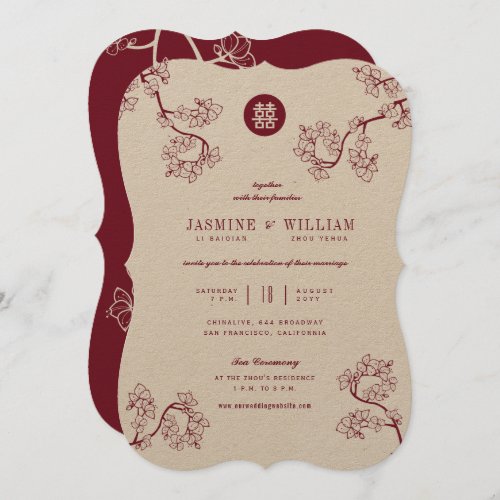 Kraft And Red Plum Blossoms Modern Asian Wedding Invitation