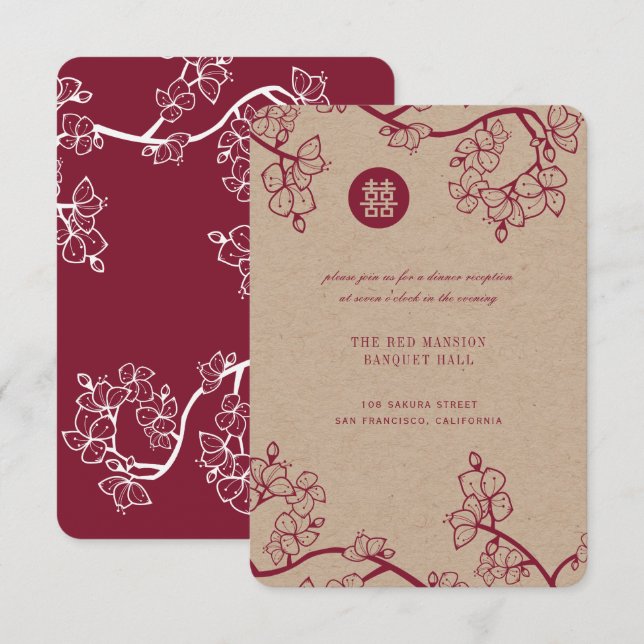 Kraft And Red Plum Blossoms Modern Asian Wedding Invitation (Front/Back)