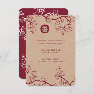 Kraft And Red Plum Blossoms Modern Asian Wedding Invitation
