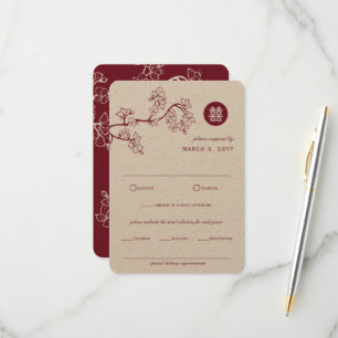 Kraft And Red Plum Blossoms Modern Asian Wedding RSVP Card