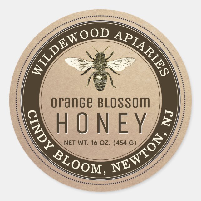 Kraft and Teak Honey Jar Bee Label (Front)