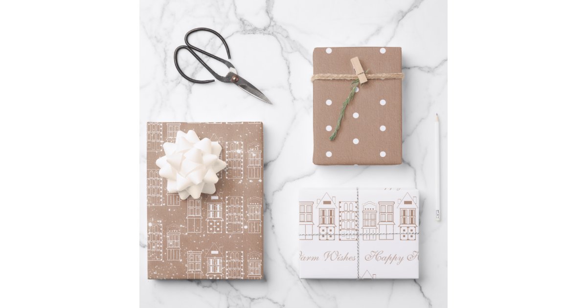 Modern Brown & White Christmas Trees Snowflakes Wrapping Paper Sheets
