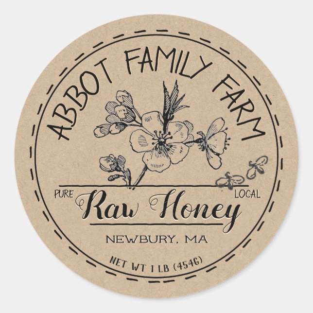 Kraft Apple Blossom Raw Local Honey Label Rustic (Front)