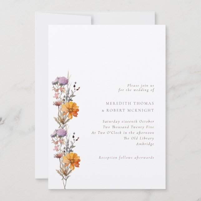Kraft Autumn  Orange & Purple Wildflowers Wedding Invitation (Front)