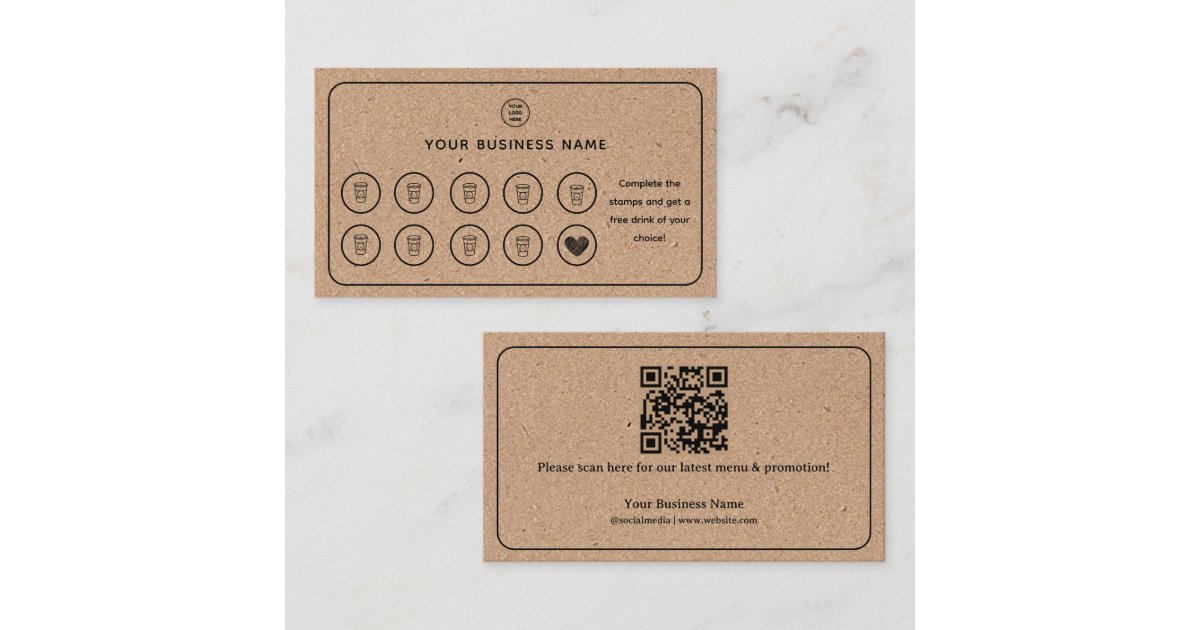 Kraft Background Coffee Cup QR Code Add Your Logo Loyalty Card | Zazzle