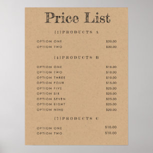 Kraft Background Price List Menu Matte Print