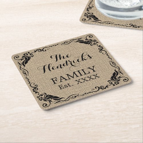 Kraft Beige Brown Faux Jute Texture Family Name Square Paper Coaster