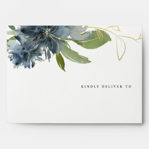 KRAFT BLUE GOLD GREEN FLORAL WATERCOLOR ADDRESS ENVELOPE