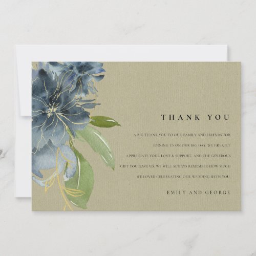 KRAFT BLUE GOLD GREEN FLORAL WATERCOLOR WEDDING THANK YOU CARD