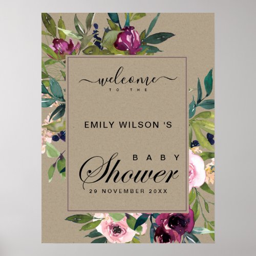 KRAFT BLUSH BURGUNDY FLORAL BABY SHOWER WELCOME POSTER