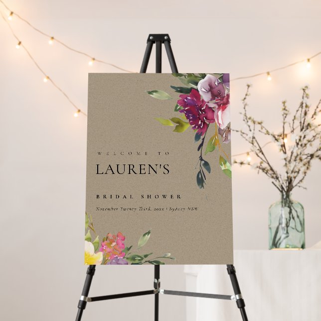 Kraft Blush Burgundy Floral Bridal Shower Welcome Foam Board (In Situ (Stand))