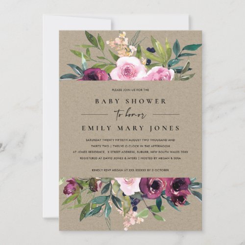 KRAFT BLUSH BURGUNDY FLORAL BUNCH BABY SHOWER INVITATION