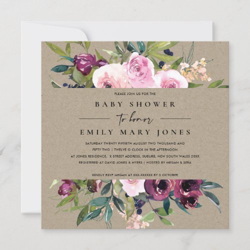 KRAFT BLUSH BURGUNDY FLORAL BUNCH BABY SHOWER INVITATION