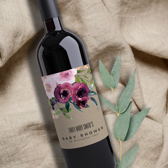 KRAFT BLUSH BURGUNDY FLORAL BUNCH BABY SHOWER WINE LABEL (Creator Uploaded)