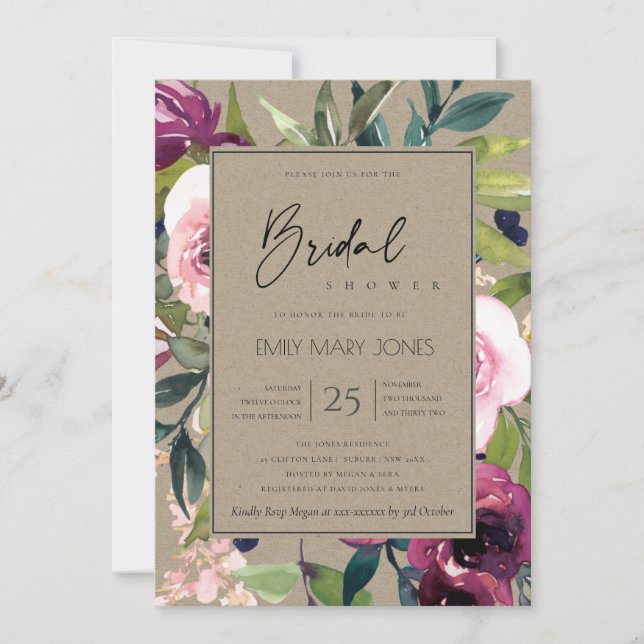 KRAFT BLUSH BURGUNDY FLORAL BUNCH BRIDAL SHOWER INVITATION (Front)