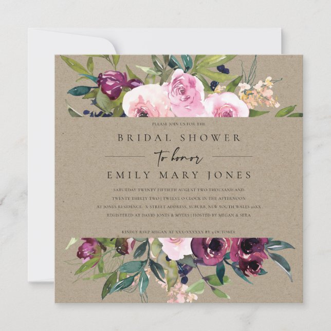 KRAFT BLUSH BURGUNDY FLORAL BUNCH BRIDAL SHOWER INVITATION (Front)