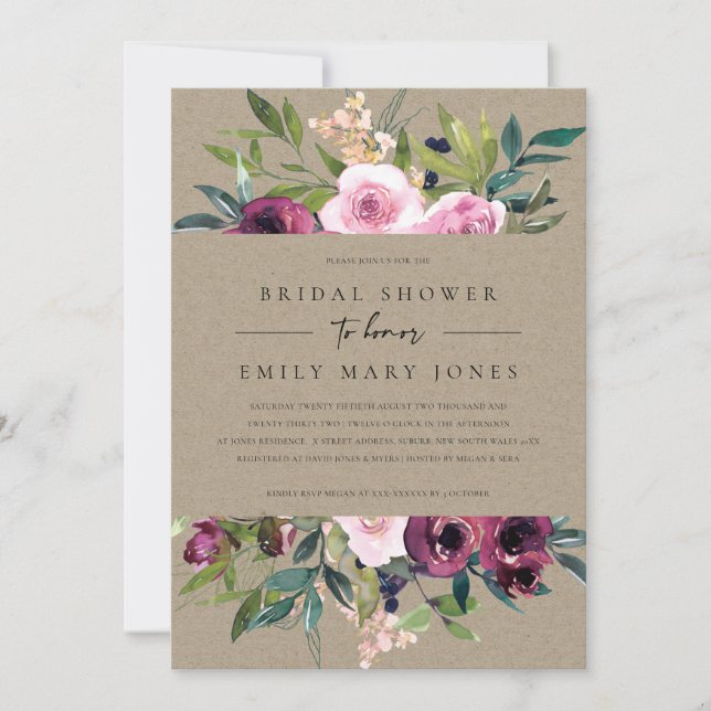 KRAFT BLUSH BURGUNDY FLORAL BUNCH BRIDAL SHOWER INVITATION (Front)