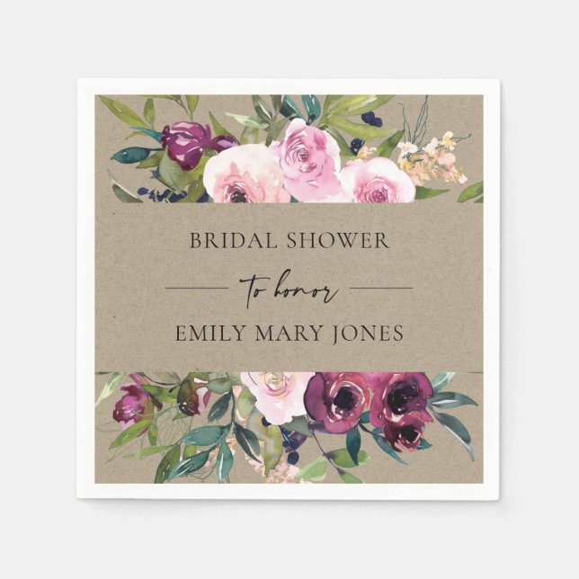 KRAFT BLUSH BURGUNDY FLORAL BUNCH BRIDAL SHOWER NAPKINS (Front)