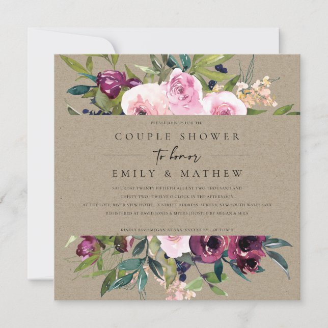 KRAFT BLUSH BURGUNDY FLORAL BUNCH COUPLE SHOWER INVITATION (Front)