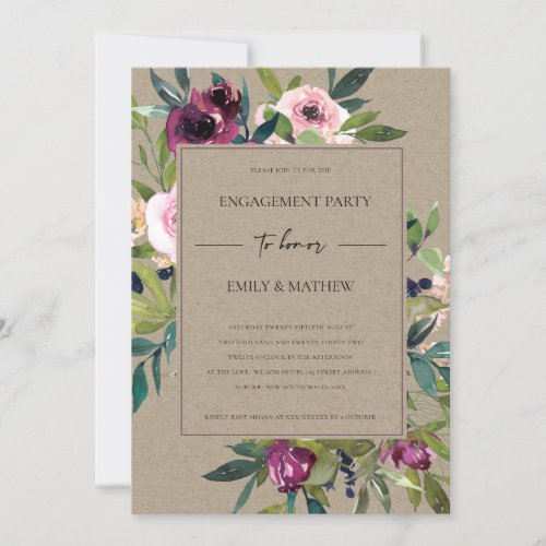 KRAFT BLUSH BURGUNDY FLORAL BUNCH ENGAGEMENT PARTY INVITATION