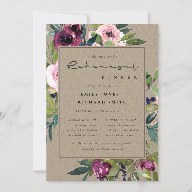 KRAFT BLUSH BURGUNDY FLORAL BUNCH REHEARSAL DINNER INVITATION (Front)