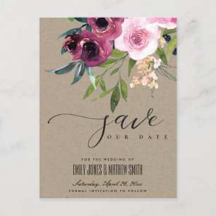 KRAFT BLUSH BURGUNDY FLORAL BUNCH SAVE THE DATE ANNOUNCEMENT POSTCARD